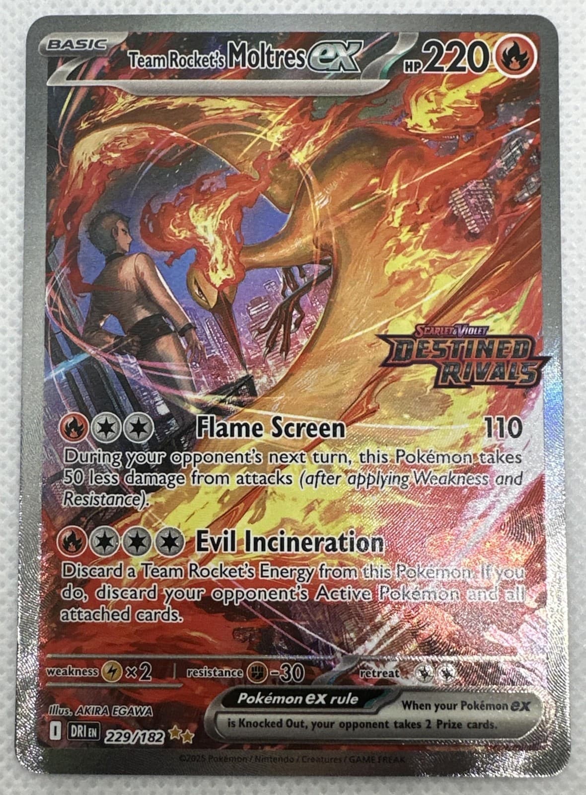 2025 Pokemon Destined Rivals Team Rocket's Moltres ex #229/182 Stamped