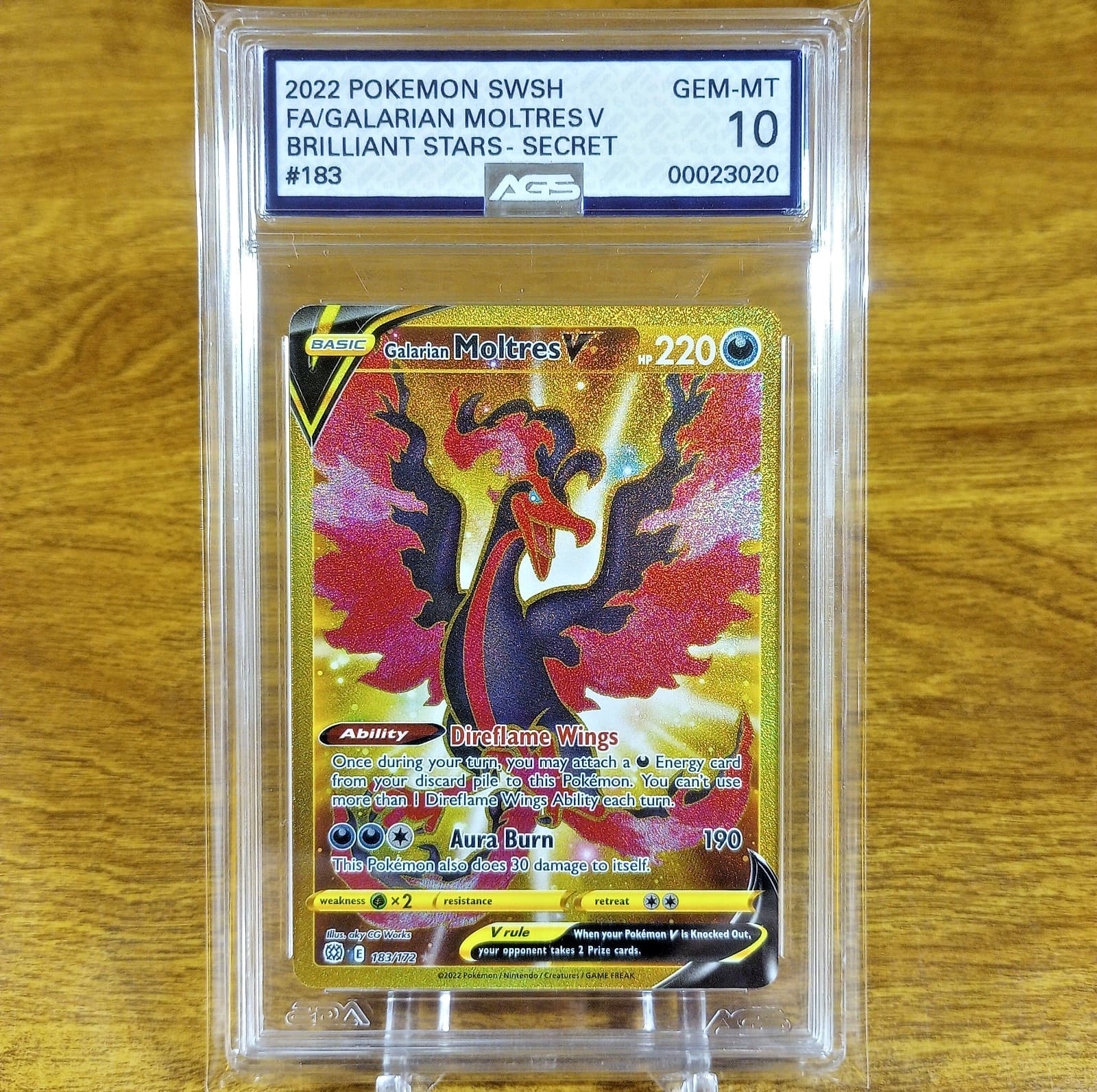 Pokemon Brilliant Stars Galarian Moltres V 183/172 AGS Gem-MT 10 Holo Rare 2022