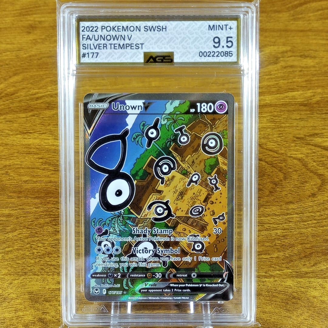 Pokemon Silver Tempest Unown V 177/195 AGS Mint+ 9.5 Full Art Holo Rare 2022