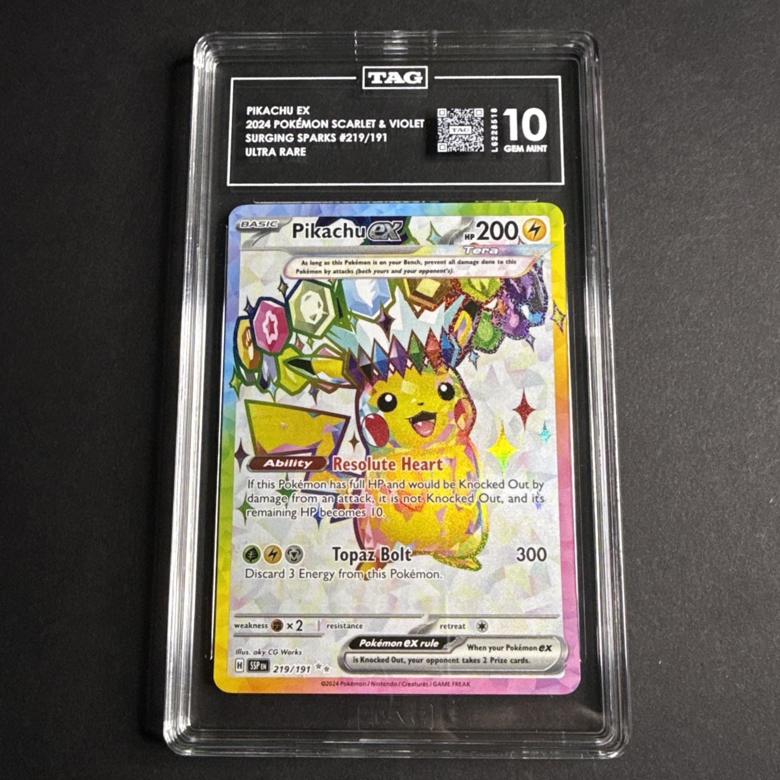 TAG Gem Mint 10 Pikachu ex Surging Sparks 219/191 Holo Ultra Rare Pokemon TCG EN