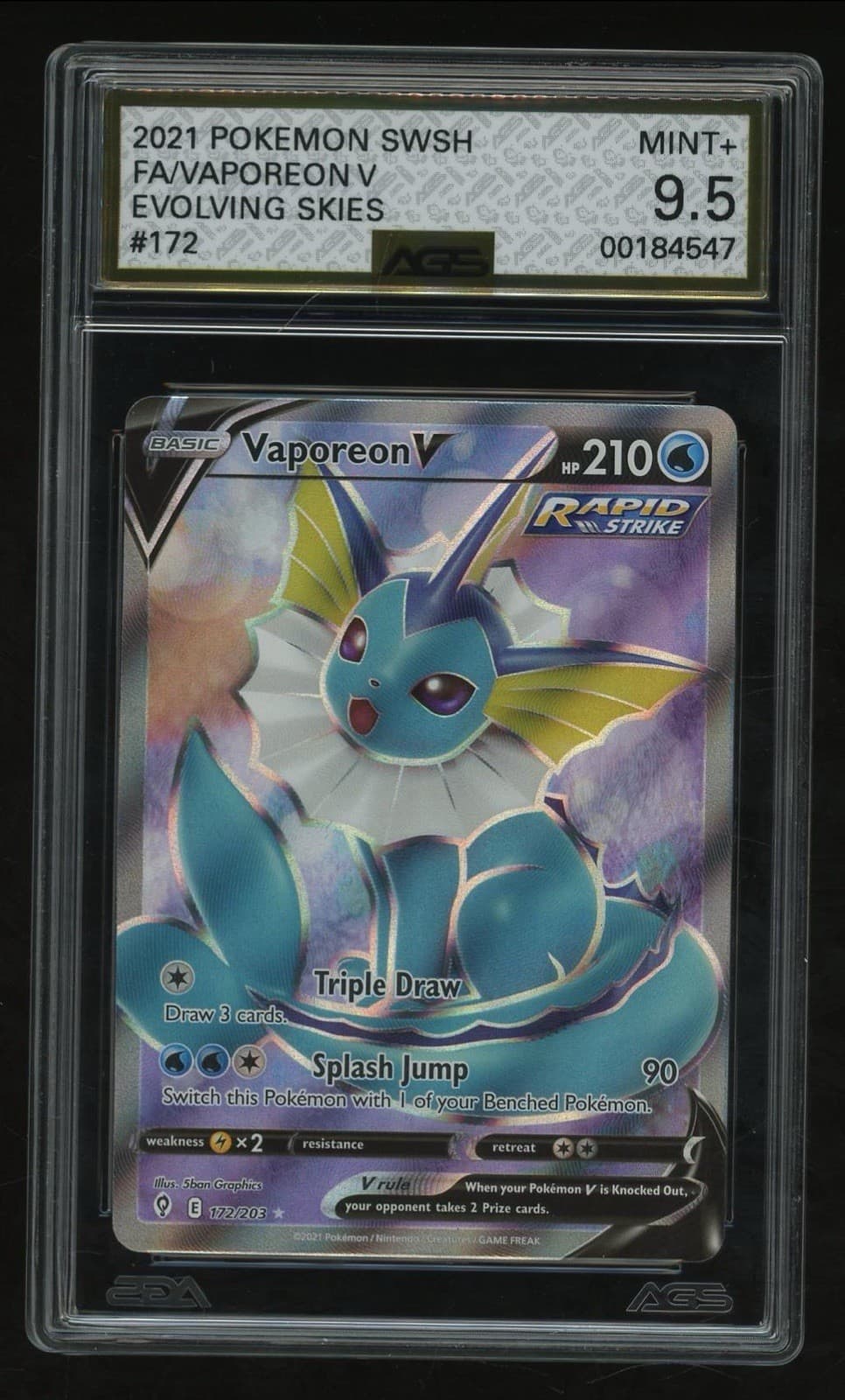 Vaporeon V (Full Art) 172/203 SWSH07: Evolving Skies Holo AGS 9.5